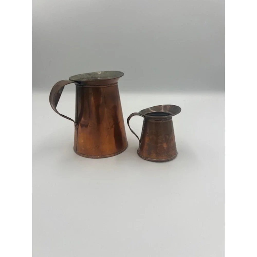 Vintage Copper Pitcher Set of 2 Rustic Farmhouse Decorative Jugs Patina 5